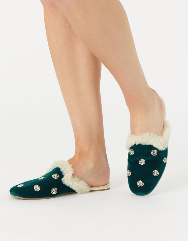 Embellished Spot Velvet Slippers Teal Slippers | Accessorize