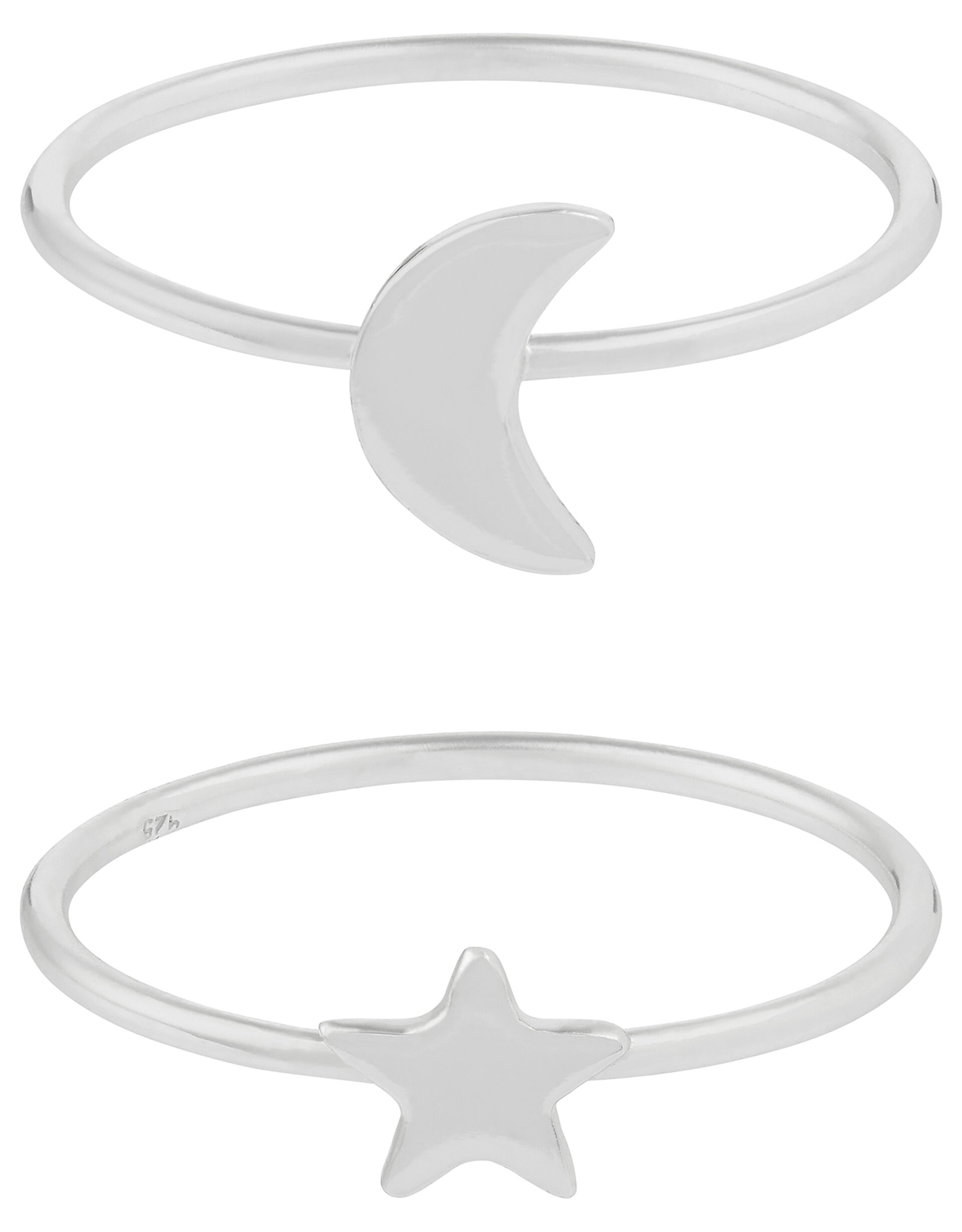 Sterling Silver Star and Moon Ring Set, Silver (ST SILVER), large