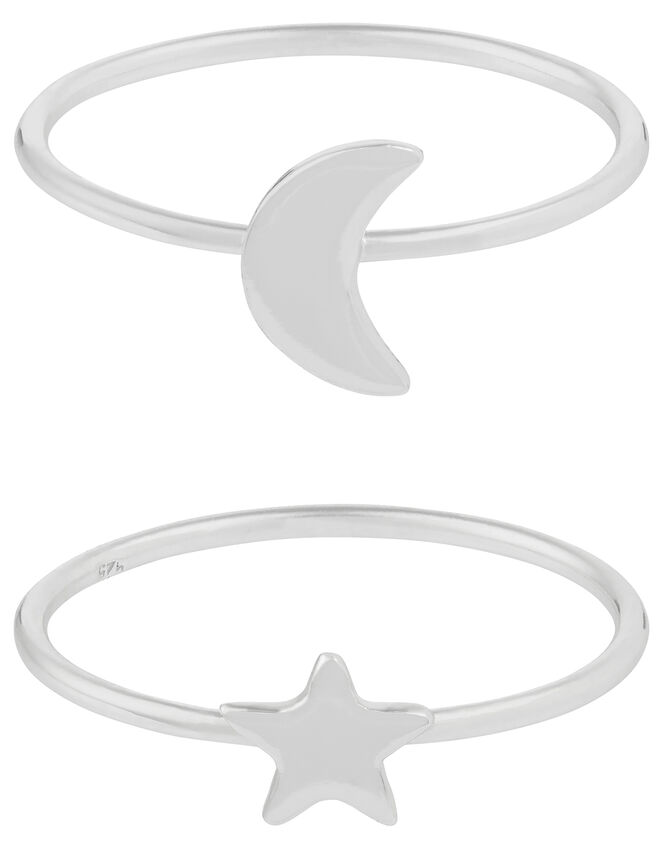 Sterling Silver Star and Moon Ring Set, Silver (ST SILVER), large