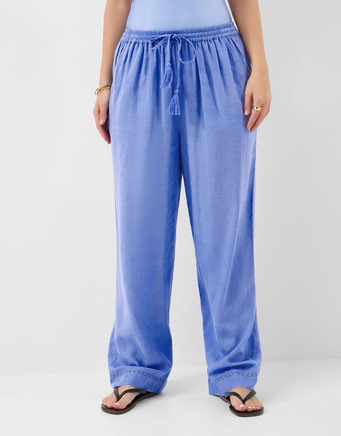 Lace Trim Wide Leg Beach Trousers, Blue (LIGHT BLUE), large