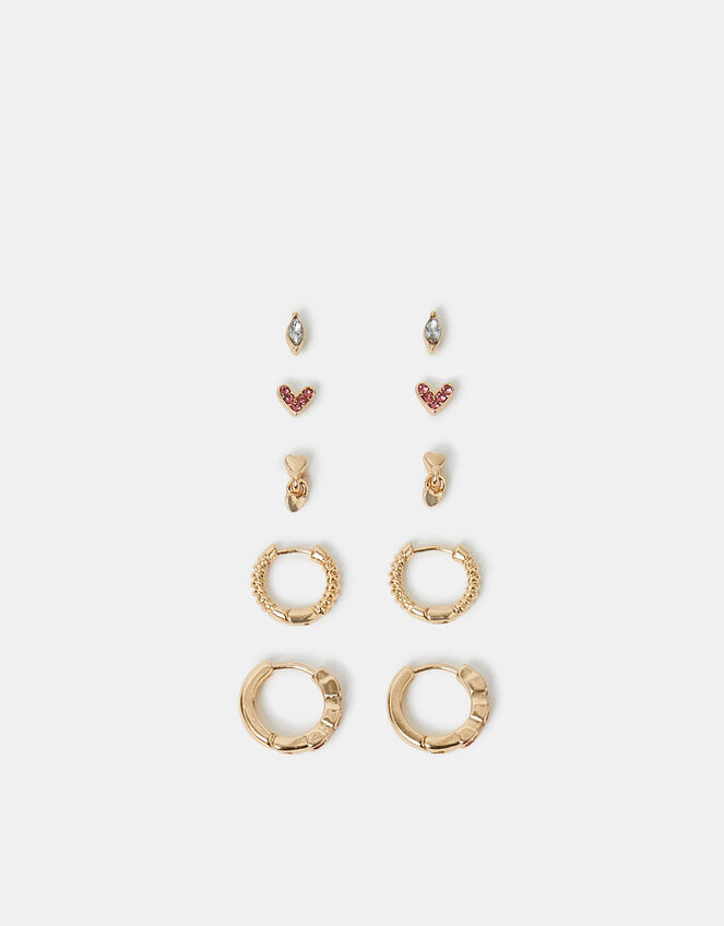 5-Pack Heart Stud and Hoop Earrings Pink, , large