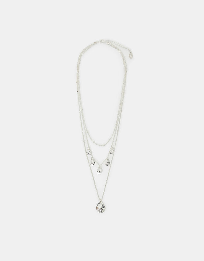 Textured Disc Charm Layered Necklace Silver, , large