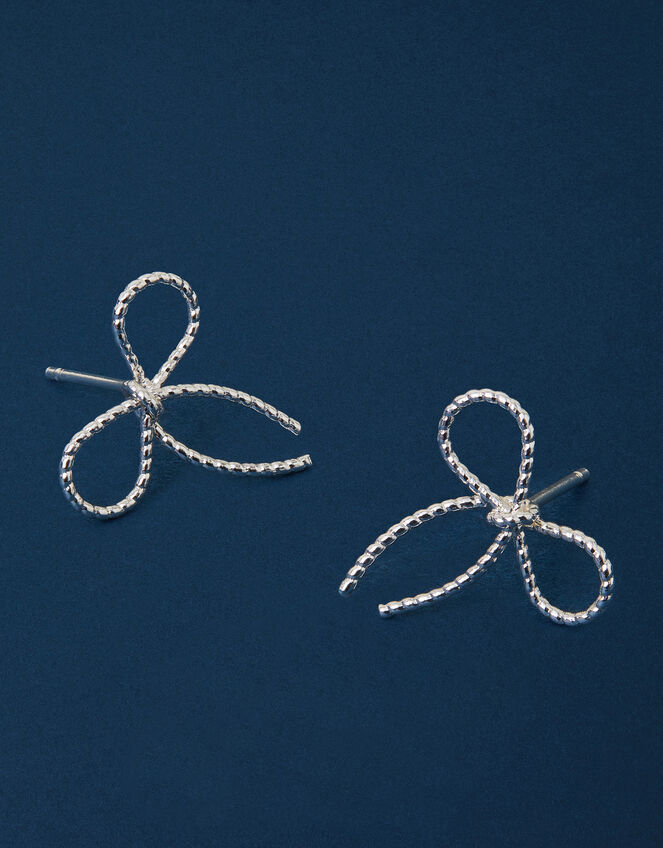 Sterling Silver-Plated Mini Bow Stud Earrings, , large