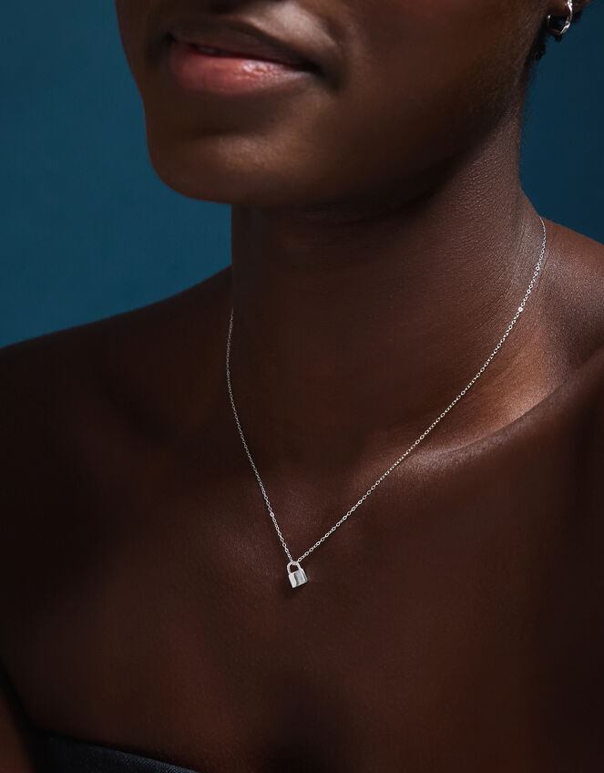 Sterling Silver Lock Pendant Necklace, , large