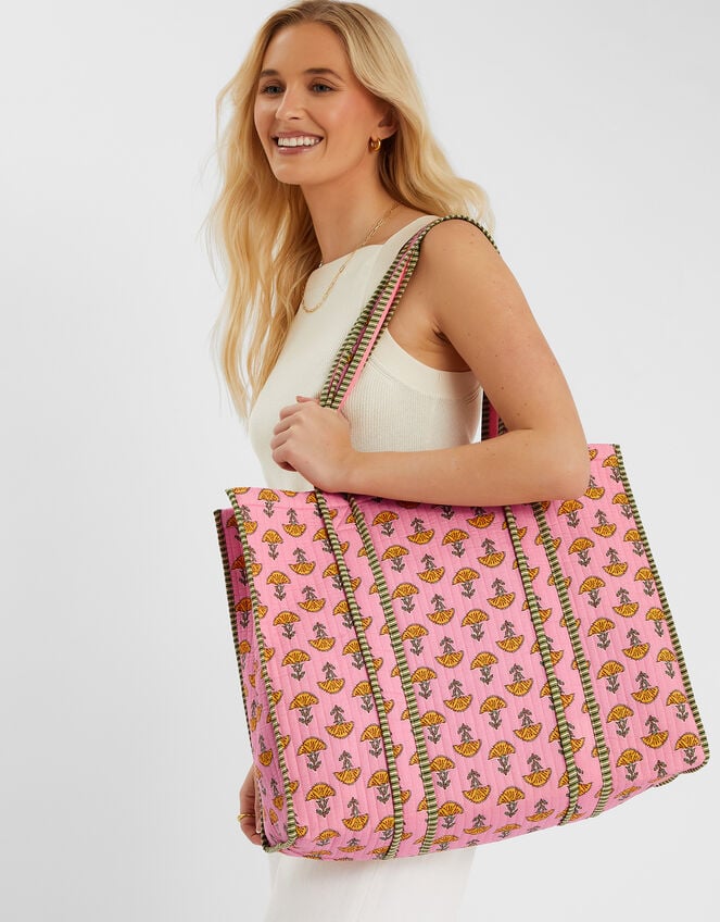 Floral Block Print Quilted Tote Bag, , large