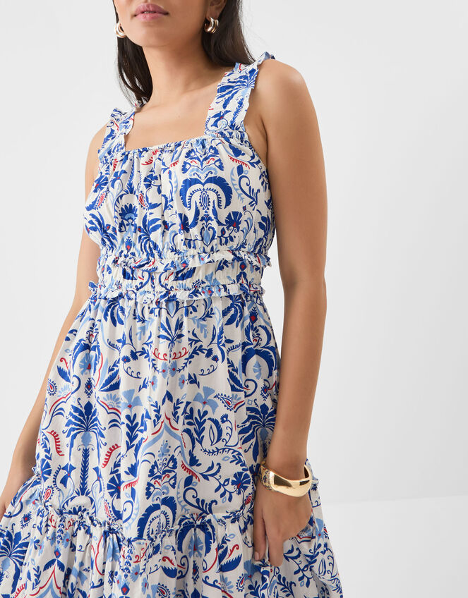 Palm Print Tiered Maxi Dress, Blue (BLUE), large