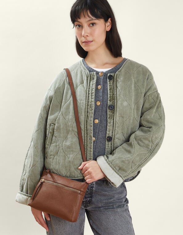 Zip Detail Leather Cross-Body Bag, Tan (TAN), large