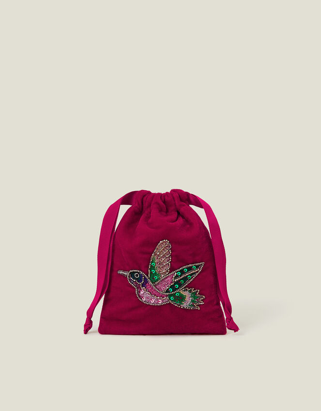 Embroidered Hummingbird Velvet Drawstring Bag, , large