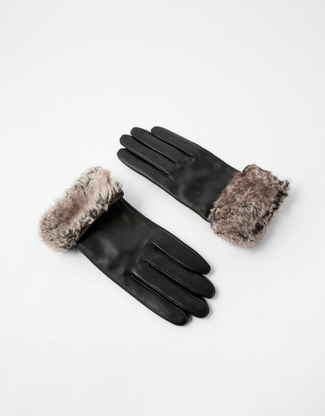 Leather and Faux Fur Gloves, Black (BLACK), large