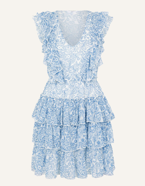Paisley Floral Print Mini Ruffle Dress, Blue (BLUE), large