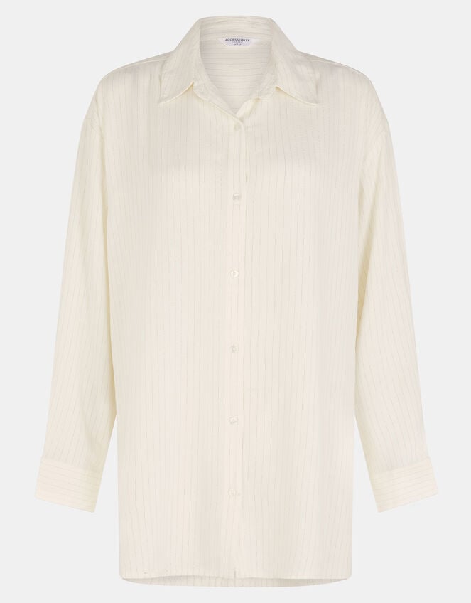 Long Sleeve Stripe Beach Cover Up Shirt, Ivory (IVORY), large