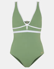 UPF50+ Contrast Plunge Shaping Swimsuit, Green (KHAKI), large