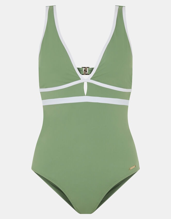 UPF50+ Contrast Plunge Shaping Swimsuit, Green (KHAKI), large