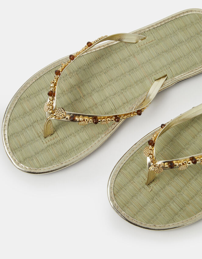 Coin Embellished Seagrass Flip Flops, Gold (GOLD), large