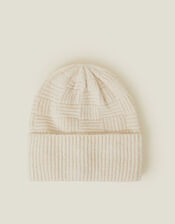 Knitted Rib Check Beanie Hat, Natural (NATURAL), large