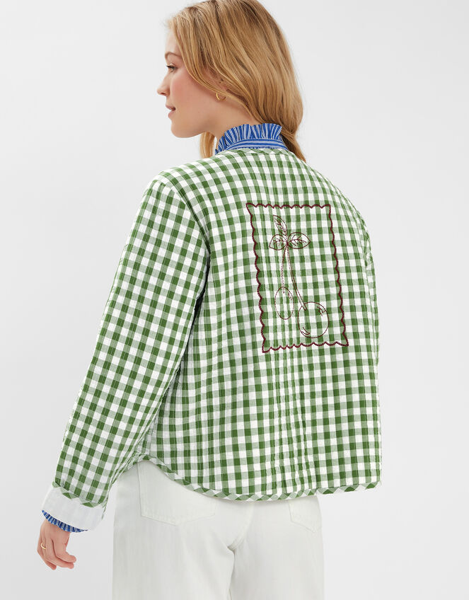 Cherry Gingham Quilted Jacket, Green (GREEN), large