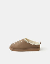 Heart Embroidered Mule Slippers, Brown (BROWN), large