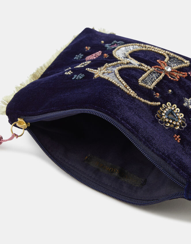 Embellished Initial Velvet Pouch , Blue (NAVY), large
