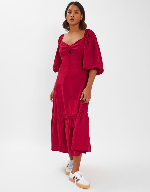 Twist Puff-Sleeve Midi Dress, Red (RED), large
