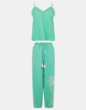 Embroidered Stripe Long Pyjamas Set, Green (GREEN), large