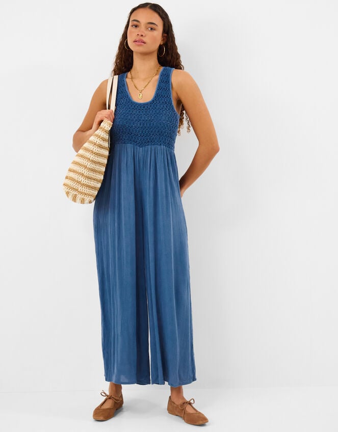 Sleeveless Crochet Jumpsuit, Blue (NAVY), large