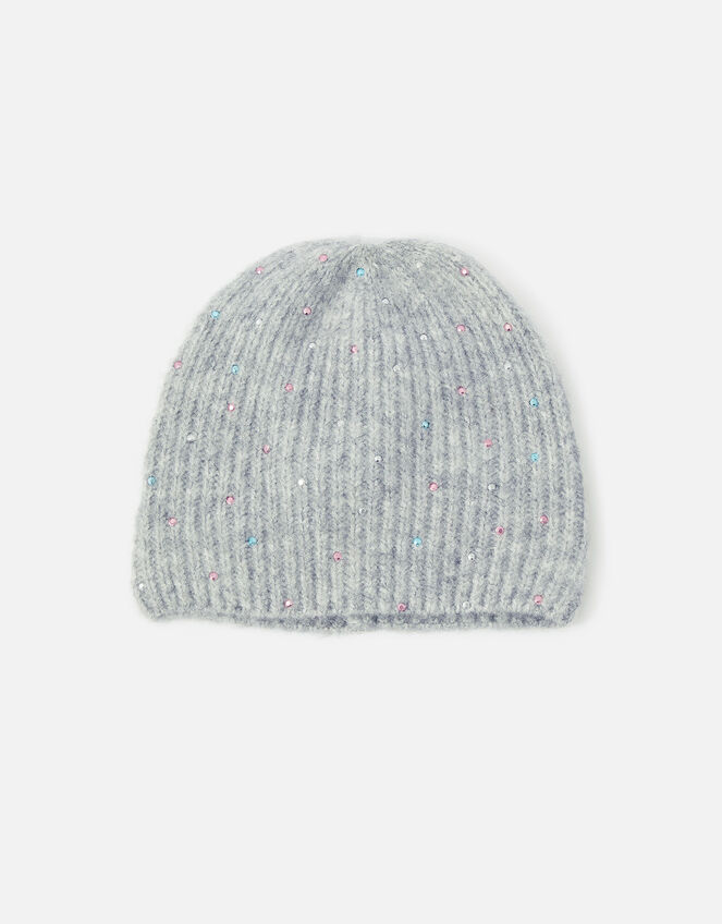 Girls Gem Sparkle Beanie Hat, Grey (GREY), large