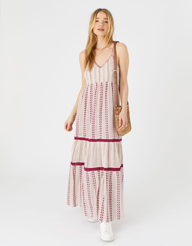 Burgundy Print Tiered Maxi Dress, Red (BURGUNDY), large