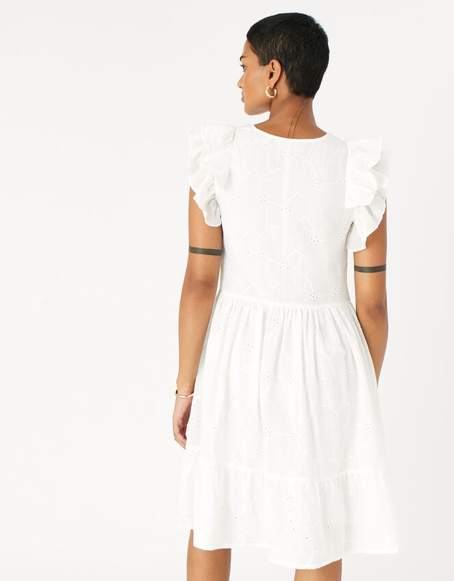 Broderie Frill Shoulder Midi Dress , White (WHITE), large