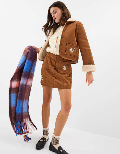 Floral Embroidered Suedette Mini Skirt, Tan (TAN), large