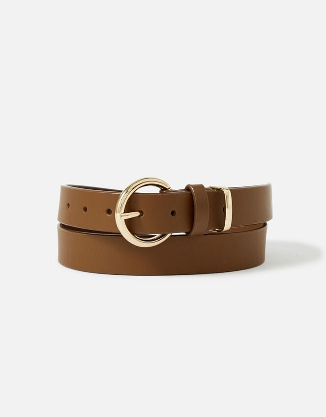 Round Buckle Leather Belt, Tan (TAN), large