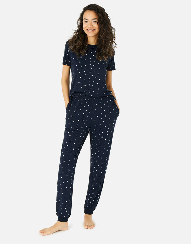 Star Print Long Pyjama Set, Blue (NAVY), large