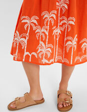 Palm Embroidered Puff-Sleeve Midi Dress, Orange (CORAL), large