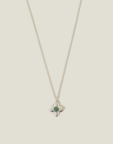 Sterling Silver-Plated Aventurine Clover Pendant Necklace, , large