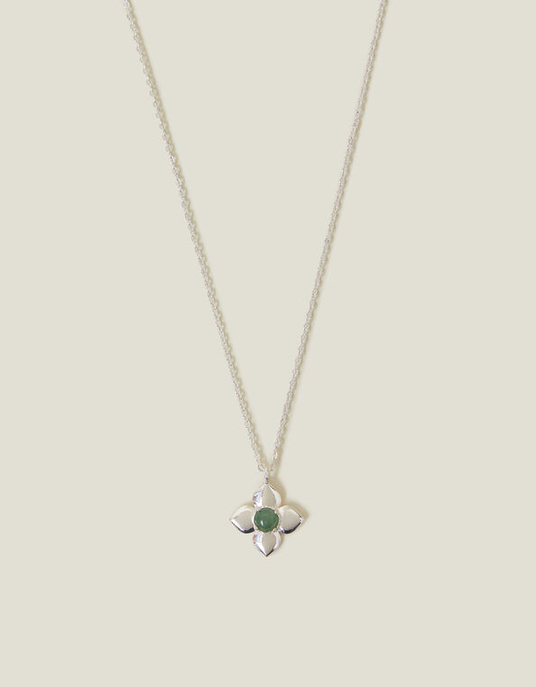 Sterling Silver-Plated Aventurine Clover Pendant Necklace, , large