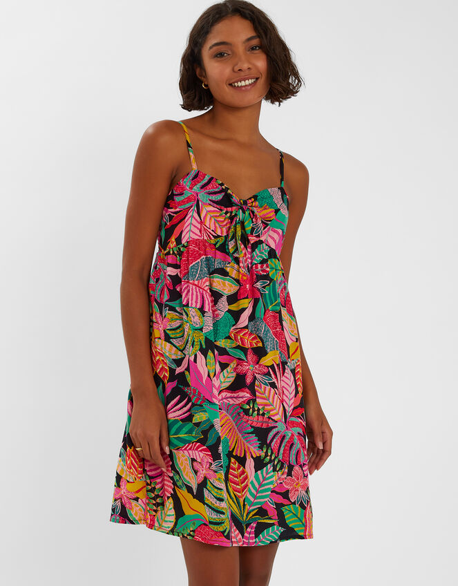 Tropical Print Tie Front Mini Dress, Black (BLACK), large