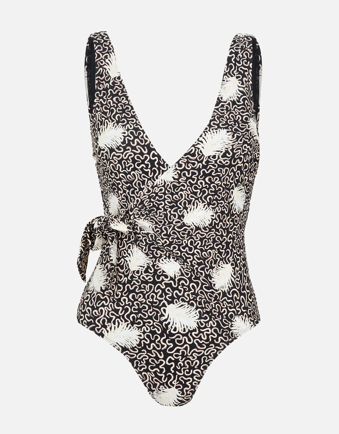 Palm Leaf Wrap Swimsuit, Black (BLACK), large