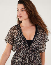 Leopard Print Chiffon Maxi Kaftan in Recycled Polyester, Brown (BROWN), large