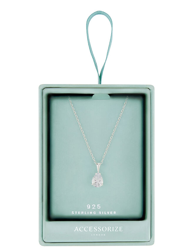 Sterling Silver Pear Solitaire Necklace, , large