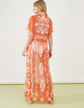 Ornamental Printed Maxi Chiffon Kimono, Orange (ORANGE), large
