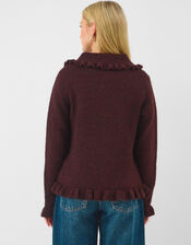 Ruffle Collar Cardigan, Brown (CHOCOLATE), large