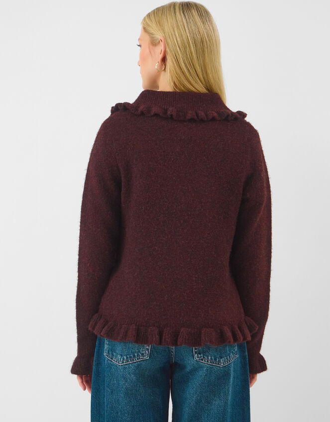 Ruffle Collar Cardigan, Brown (CHOCOLATE), large
