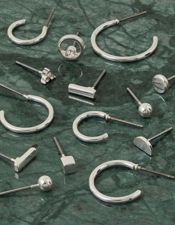 Stud and Hoop Earrings 10 Pack Silver, Silver (SILVER), large
