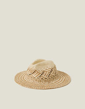 Two-Tone Woven Straw Fedora Hat, , large