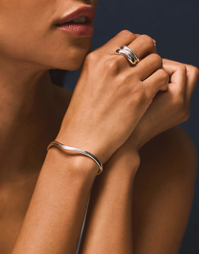 Sterling Silver-Plated Wave Open Cuff Bracelet, , large