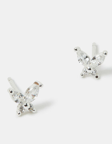Sterling Silver Diamante Butterfly Stud Earrings, , large