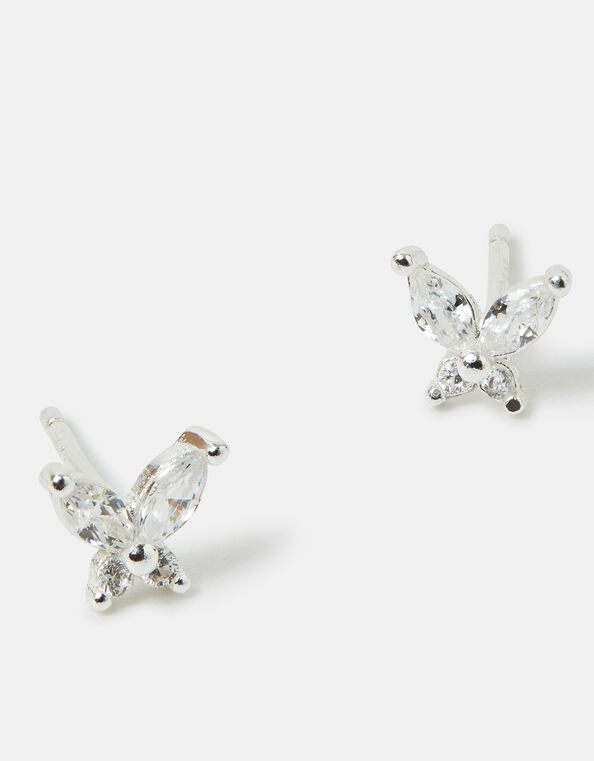 Sterling Silver Diamante Butterfly Stud Earrings, , large