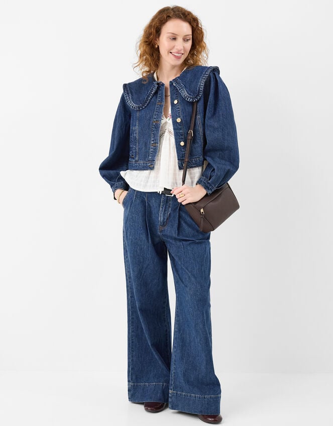 Frill Collar Denim Jacket, Blue (BLUE), large