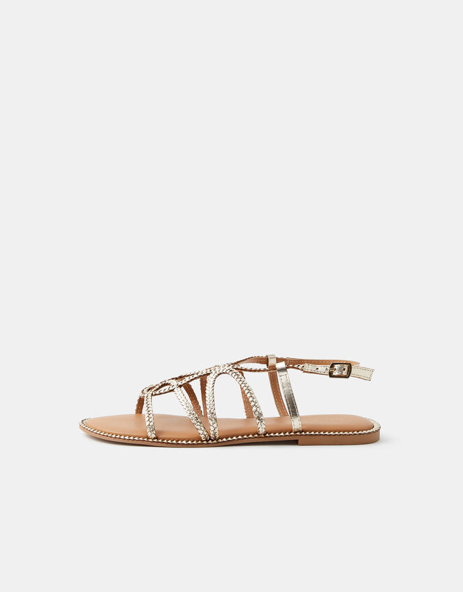 Metallic Braided Leather Sandals, Gold (GOLD), large
