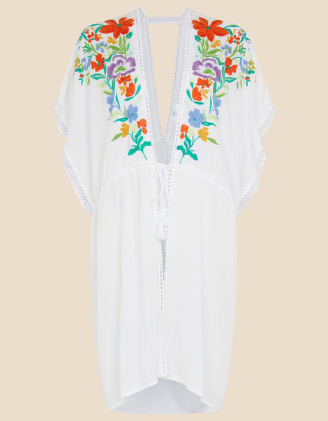 Abstract Floral Embroidered Kimono in LENZING™ ECOVERO™  White, White (WHITE), large