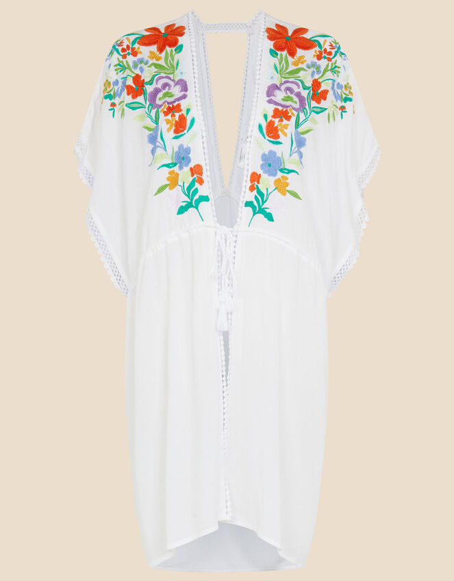 Abstract Floral Embroidered Kimono in LENZING™ ECOVERO™ , White (WHITE), large